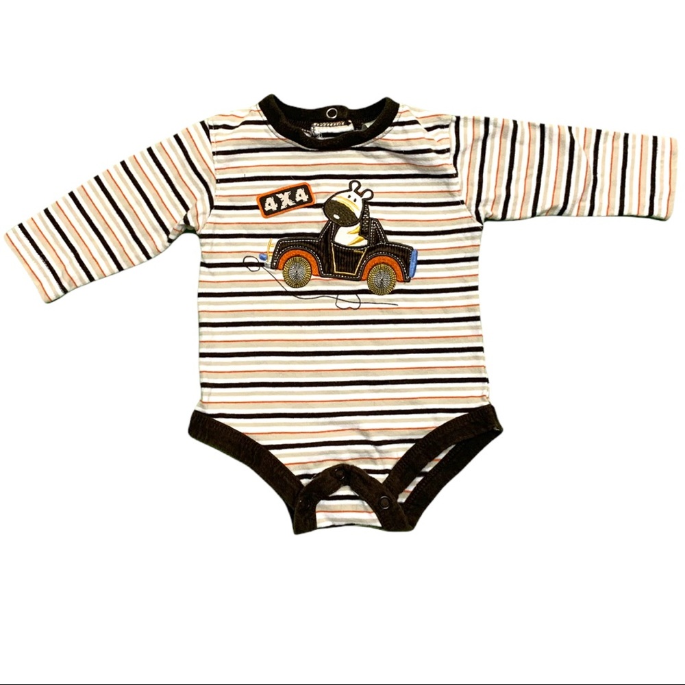 5/$25 GEORGE Striped Giraffe in Car Patch LS Onesie Bodysuit Baby 3 Month